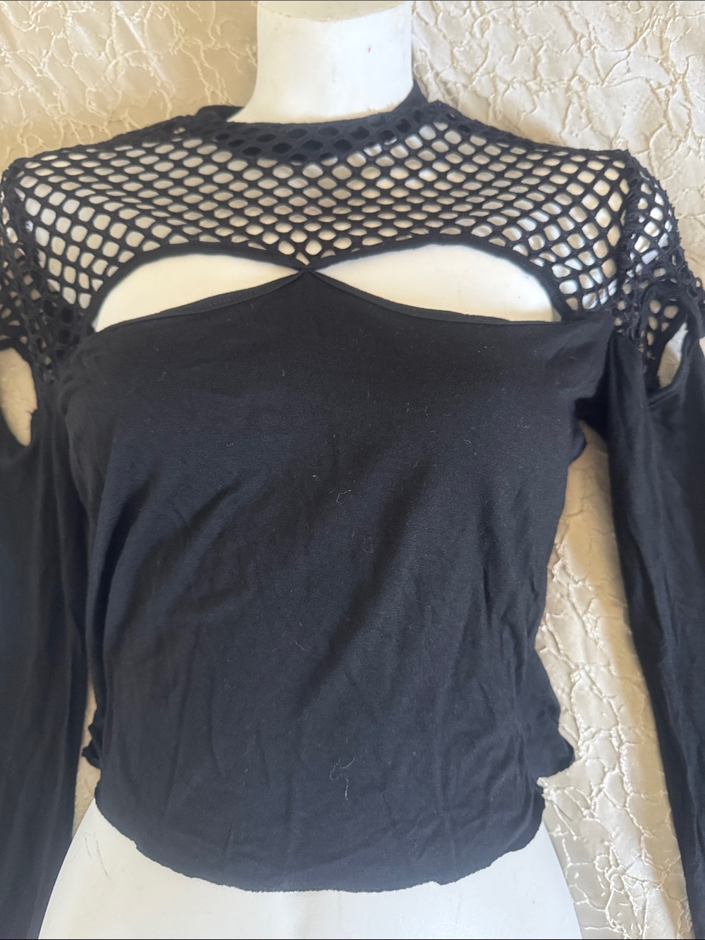 Fishnet Yoke Black Long Sleeve Top